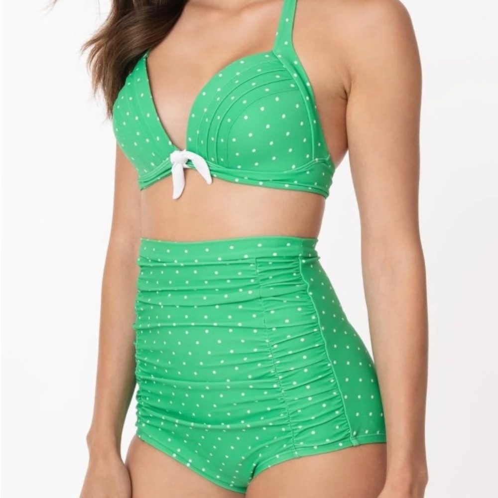 1950s Vintage Style Green and White Polka Dot Bikini